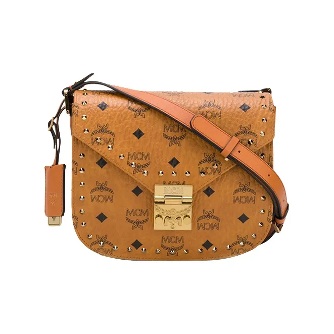 MCM Patricia Visetos Leather Saddle Bag, Shoulder Bag, Crossbody Bag Small Size Women's Brown Cognac-0