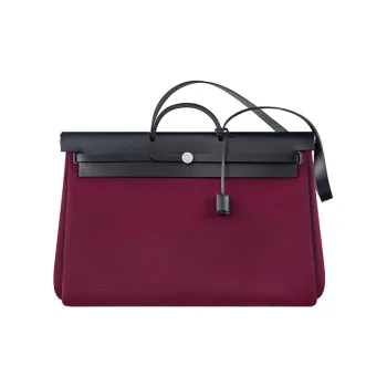 HERMES Officier Canvas With Hunter Cow Leather Travel Bag Handbag Shoulder Bag Crossbody Bag Women's Wine Red & Black