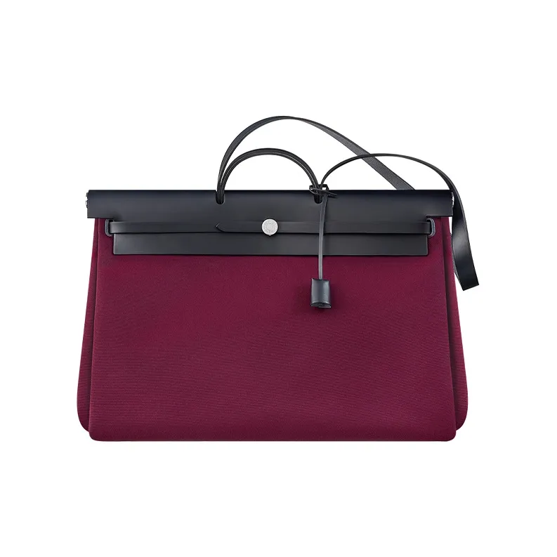 HERMES Officier Canvas With Hunter Cow Leather Travel Bag Handbag Shoulder Bag Crossbody Bag Women's Wine Red & Black-0