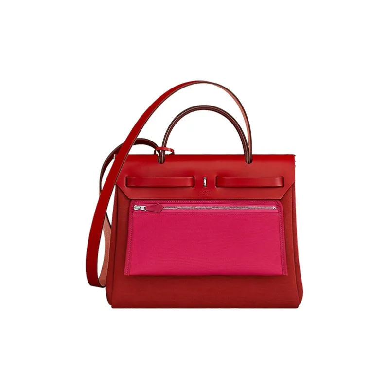 HERMES Herbag Zip Officier Canvas With Hunter Cow Leather Handbag Women's Venice Deep Red/Bright Pink/Chili Red-2