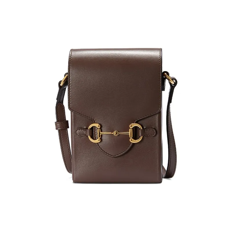 GUCCI Horsebit 1955 Leather Cell Phone Pouch, Cigarette Case, Bag, Crossbody Bag, Shoulder Bag Unisex Brown-0