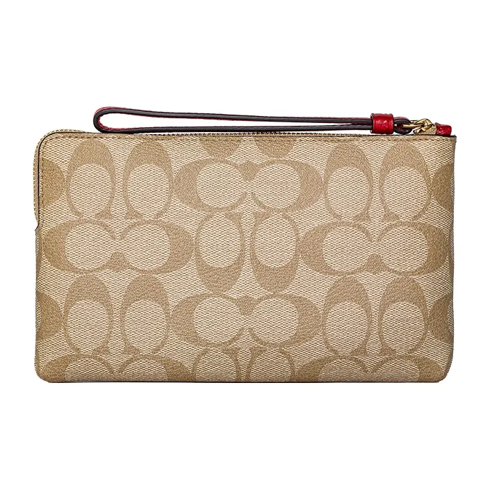 COACH Corner Zip Canvas Coin Purse Pochette Wrist Bag Clutch Women's Beige/Brown-2