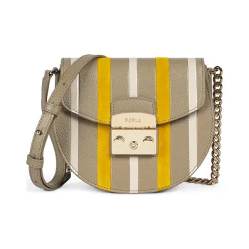 Furla Metropolis Collection Leather Saddle Bag Shoulder Bag Crossbody Bag Mini Women's Gray White And Yellow Stripes