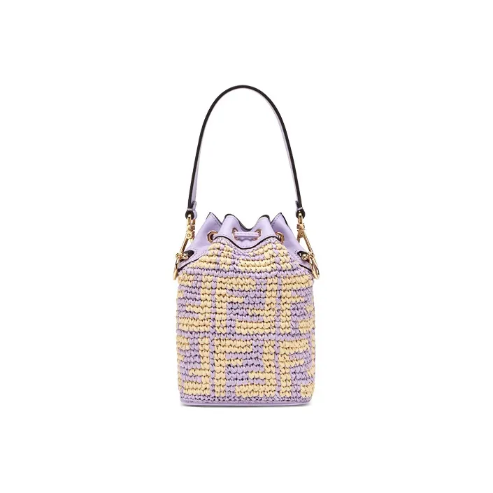 FENDI Mon Tresor Woven Raffia With Leather Drawstring Bucket Bag Shoulder Bag Crossbody Bag Handbag Mini Women's Purple-2
