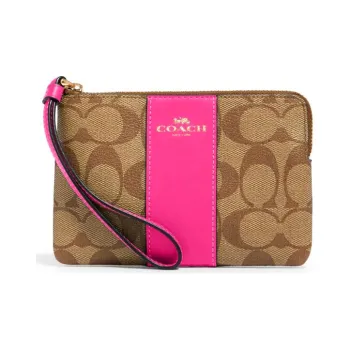 COACH Corner Zip Leather Card Holder Wallet Clutches Medium Size Women's Khaki Studded Red