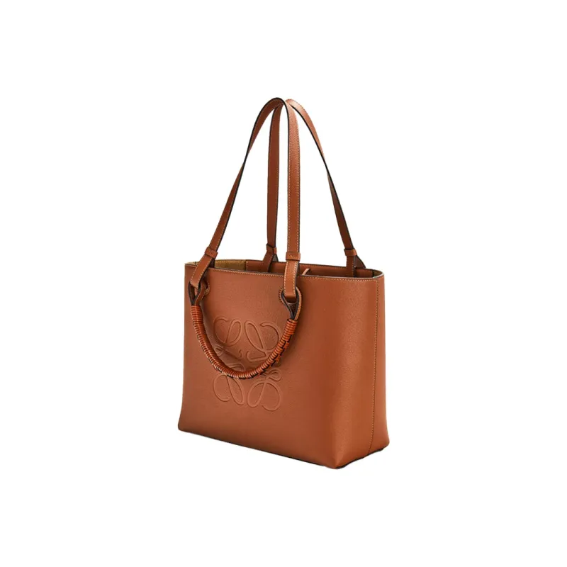 LOEWE Anagram Grained Calfskin Tote Shoulder Bag Handbag Small Size Women's Tan-2