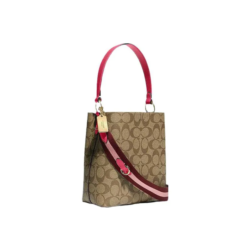 COACH Town Canvas With Leather Bucket Bag Handbag Shoulder Bag Crossbody Bag Small Size Women's Brown/Red-1