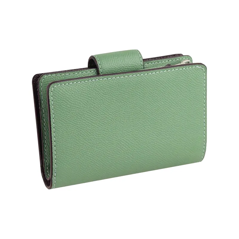 COACH Corner Zip Solid Color Cross Grain Leather Snap Closure Foldable Wallet Mini Women's Washed Green-3