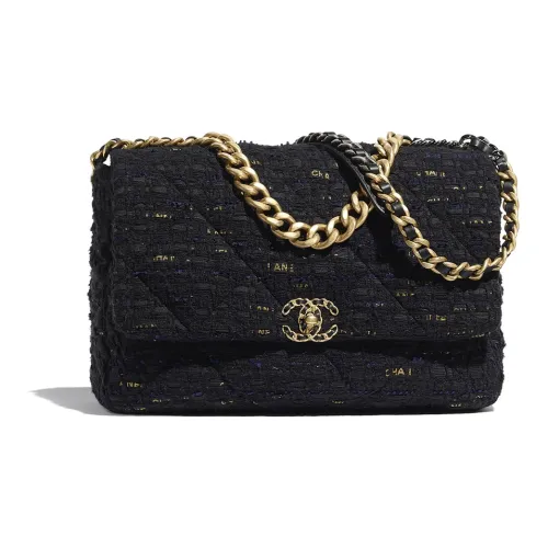 CHANEL 19Bag Twill Velvet Crossbody Portable One Shoulder Backpack Women's Marine Blue Gold Multicolor