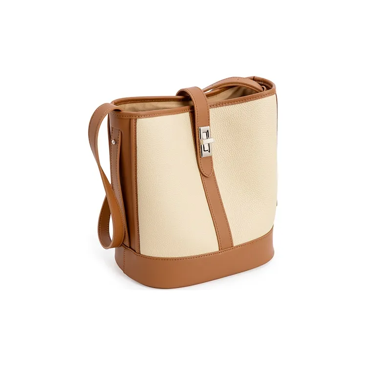 VENOF Cow Leather Bucket Bag, Shoulder Bag Medium Size Women's Beige/Brown-2