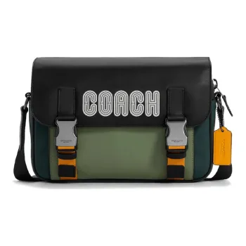 COACH Track Calfskin Messenger Bag, Shoulder Bag, Crossbody Bag Large Size Men's Black & Green