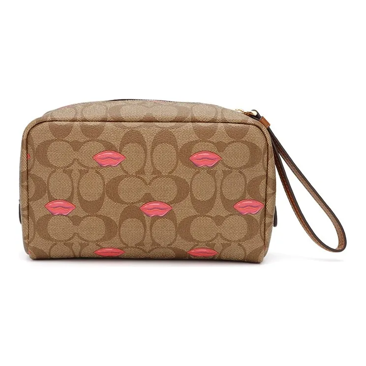 COACH Boxy Artificial Leather PVC Makeup Bag Small Size Women's Khaki Red Lip Print-2