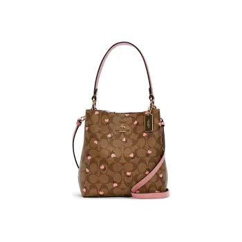 COACH Town Canvas With Leather Shoulder Bag, Crossbody Bag, Handbag Trumpets Women's Brown Cherry Blossom Pink