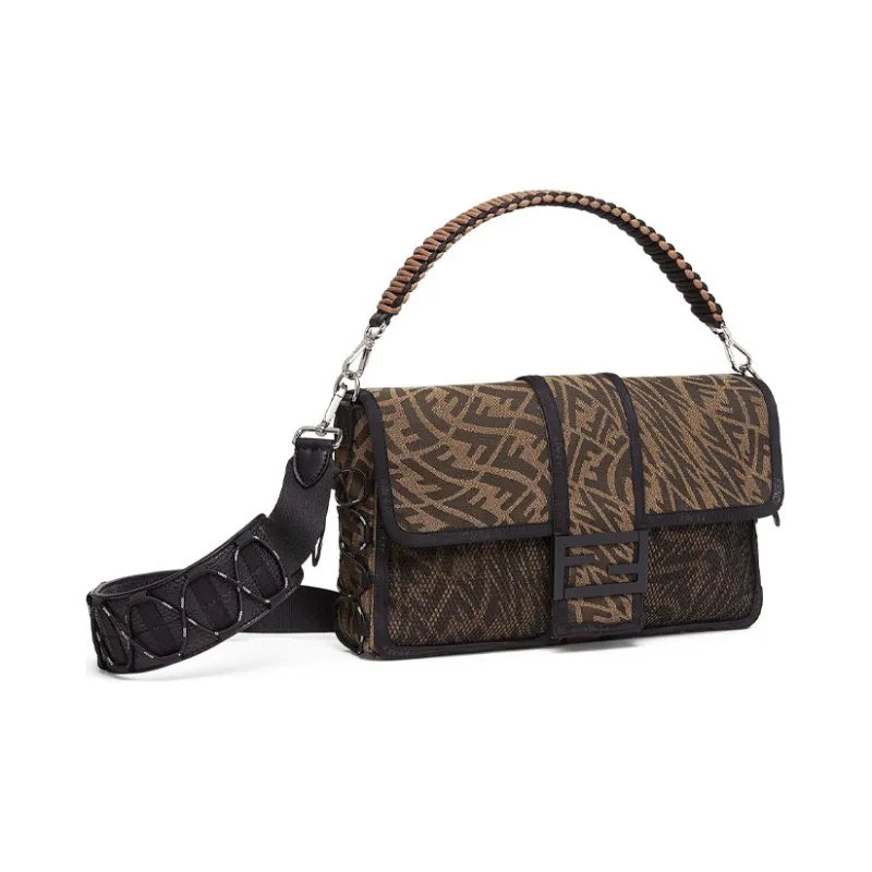 FENDI Baguette Canvas With Leather Baguette Bag Handbag Shoulder Bag Crossbody Bag Large Size Men's Brown-2