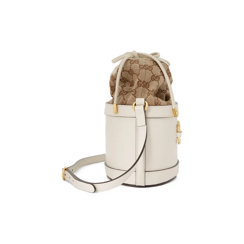 GUCCI Horsebit 1955 Canvas With Leather Bucket Bag, Portable Crossbody Bag, Shoulder Bag Women's White-2