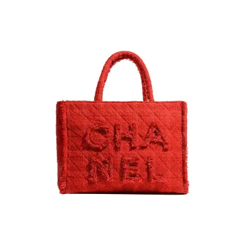 CHANEL Wool Velvet Tote Bag Shopping Bag Handbag Large Size Women's Red