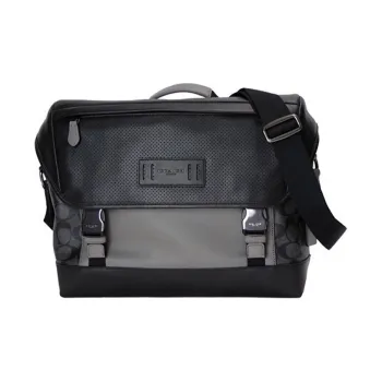 COACH Ranger Coated Canvas With Smooth Calfskin Messenger Bag Large Size Men's Black Gray Color