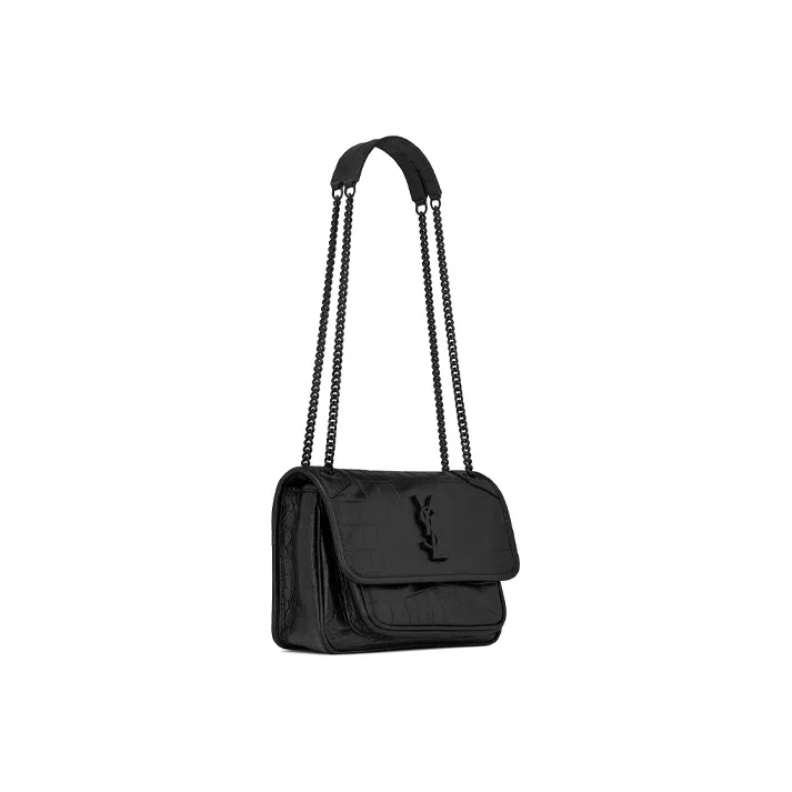 SAINT LAURENT Niki Crocodile Pattern Embossed Leather Hobo Bag Crossbody Bag Shoulder Bag Women's Black-1