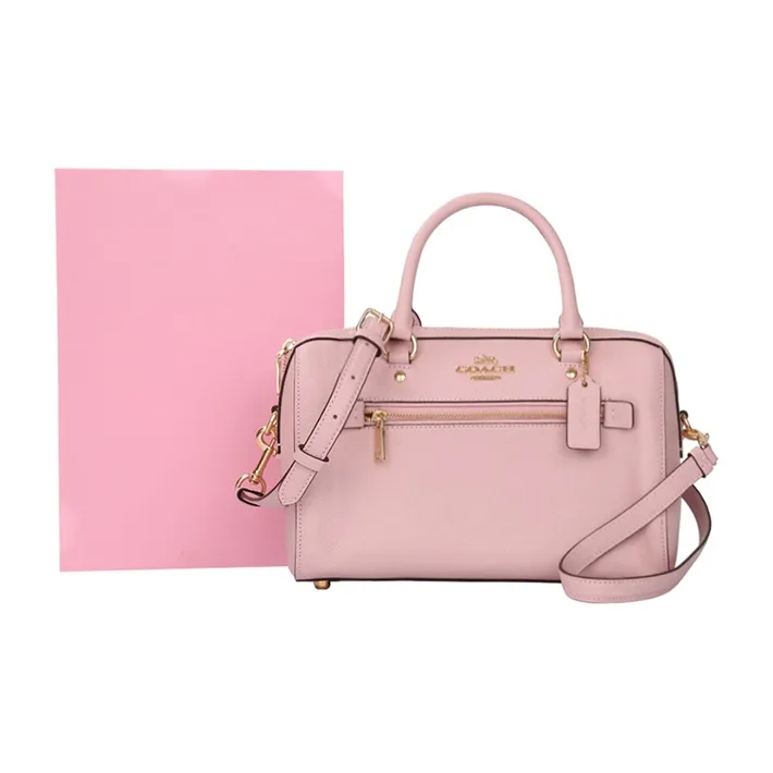COACH Rowan Leather Boston Bag, One Shoulder Handbag Medium Size Women's Pink-4
