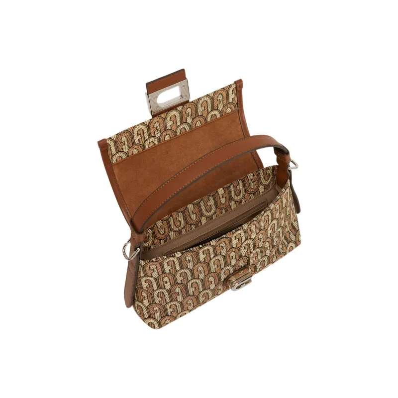 Furla Jacquard Fabric Patchwork Soft Calfskin Shoulder Bag, Crossbody Bag, Handbag Trumpets Women's Print & Brown-3