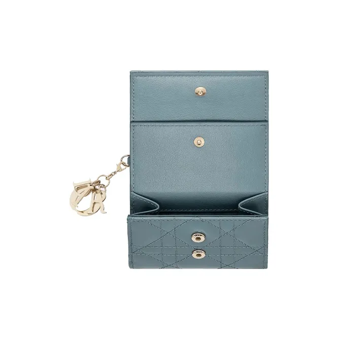 DIOR Lady Dior Patent Leather Calfskin Wallet, Card Holder Women's Gray Blue-2