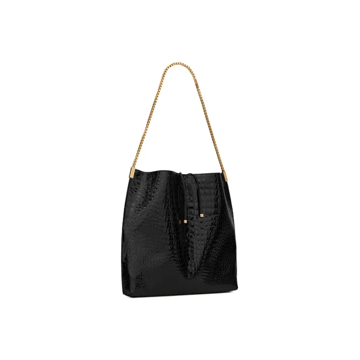 SAINT LAURENT Crocodile Pattern Stamped Leather Hobo Bag Shoulder Bag Crossbody Bag Medium Size Women's Black-3
