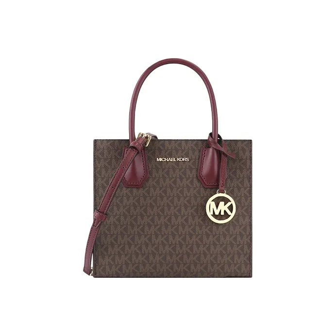 MICHAEL KORS Mercer Leather Trunk Bag, Shoulder Bag, Crossbody Bag, Handbag Medium Size Women's Dark Brown & Burgundy-0
