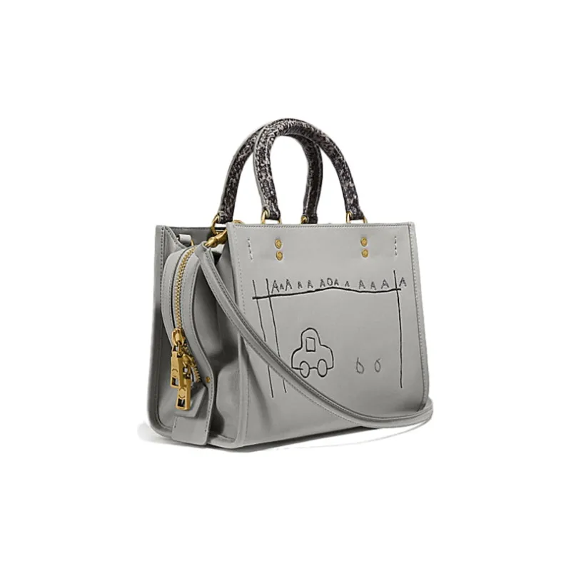 COACH Basquiat Collaboration Rogue Leather With Snake Skin Handbag Shoulder Bag Medium Size Women's Gray-1