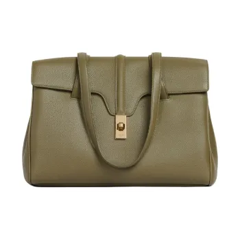 CELINE 16 Cow Leather Textile Handbag Shoulder Bag Medium Size Women's Candy Color Olive Green