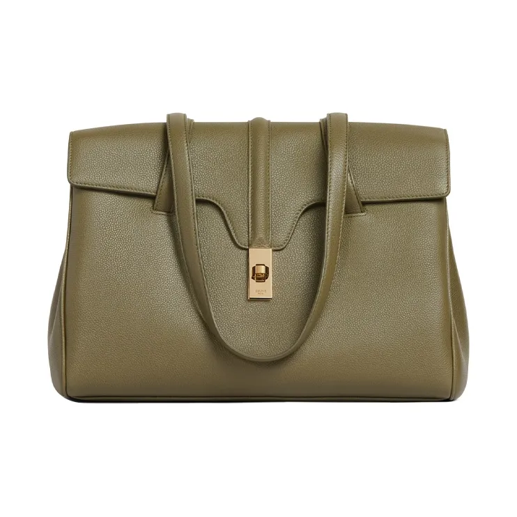 CELINE 16 Cow Leather Textile Handbag Shoulder Bag Medium Size Women's Candy Color Olive Green-0