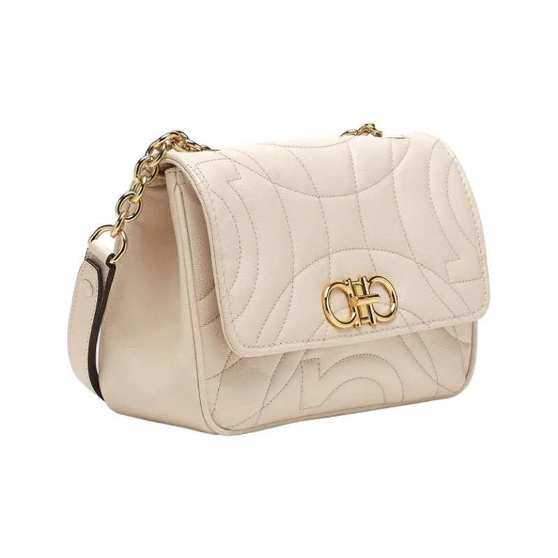 FERRAGAMO GANCINI Calfskin Flap Bag Shoulder Bag Crossbody Bag Small Size Women's Beige-1
