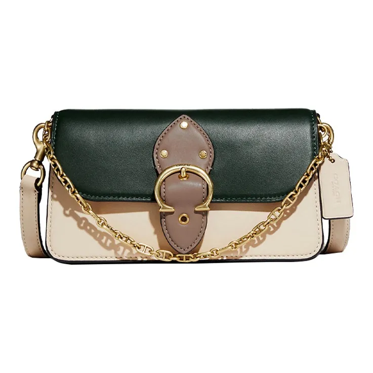 COACH Beat Cowhide Leather Chain Bag Shoulder Bag Crossbody Bag Small Size Women's Green White Multicolor-0
