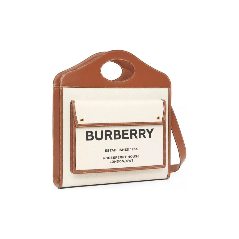 Burberry Medium Two Tone Canvas And Leather Pocket Bag Natural/Malt Brown-2