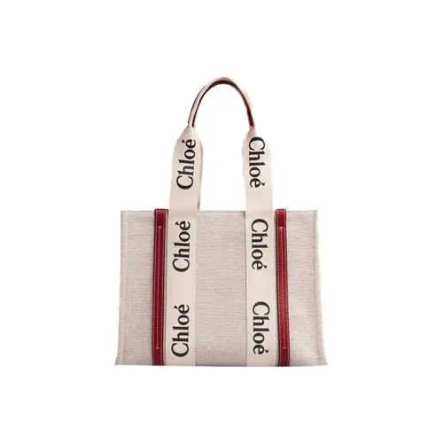 Chloé Wmns Woody Logo Calfskin Handbag Medium Beige/Red