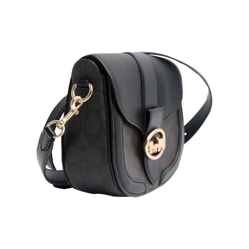 COACH Georgie Canvas With Leather Bacchus Bag Saddle Bag Shoulder Bag Crossbody Bag Small Size Women's Dark Brown/Black-3