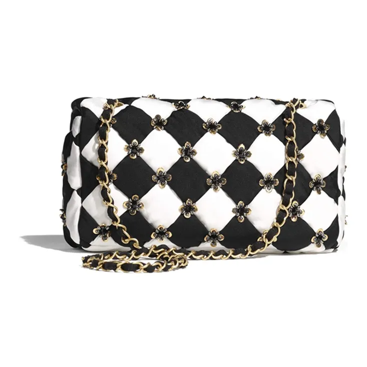 CHANEL Silk Sequins Glazed Pearls One Shoulder Crossbody Flap Bag Women's Black White-1