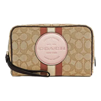 COACH Canvas With Leather Mahjong Bag Handheld Makeup Box Small Size Women's Dark Khaki & Pink