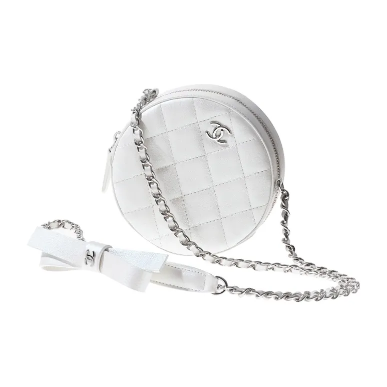 CHANEL Calfskin Round Bag, Handheld Shoulder Bag, Crossbody Bag Women's White-1