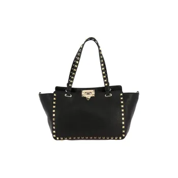 Valentino Rockstud Cow Leather Tote Shoulder Bag, Handbag Medium Size Women's Black