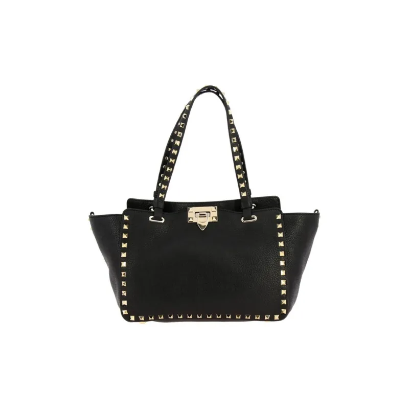 Valentino Rockstud Cow Leather Tote Shoulder Bag, Handbag Medium Size Women's Black-0