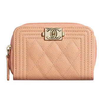 CHANEL Leboy Grain Litchi Grain Calfskin Zipper Wallet, Card Holder Women's Pink