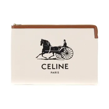CELINE Cow Leather Canvas Clutch Tubas Women's White