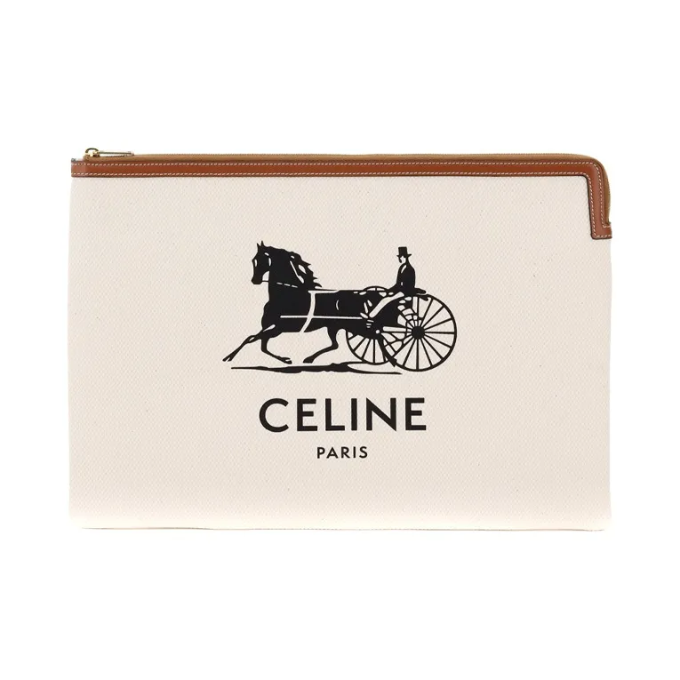 CELINE Cow Leather Canvas Clutch Tubas Women's White-0