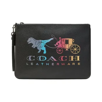 COACH Wristlet Cow Leather Clutch Large Size Women's Black