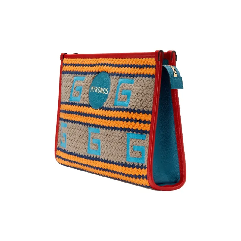 GUCCI Fabric With Leather Clutch Women's Orange/Red Blue-6