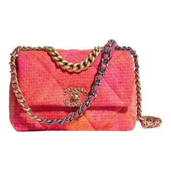 CHANEL 19Bag Knitted Fabric Inlaid Metal Chain Shoulder Bag, Crossbody Bag Trumpets Women's Coral/Orange/Pink