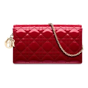 DIOR Lady Dior Patent Leather Coin Purse One Shoulder Crossbody Clutch Women's Cherry Red