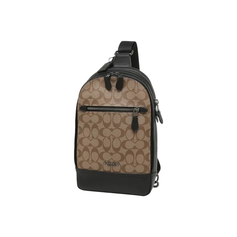 COACH Graham Coated Canvas With Delicate Calfskin Fanny Pack Sling Bags Large Size Men's Dark Khaki With Black Accents-2
