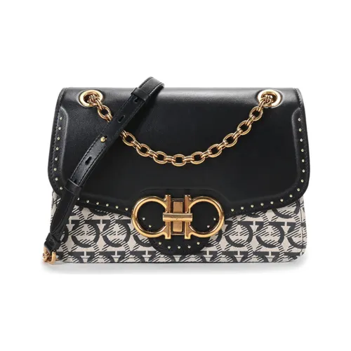 FERRAGAMO GANCINI Jacquard Fabric Handbag Crossbody Bag Shoulder Bag Women's Beige Black