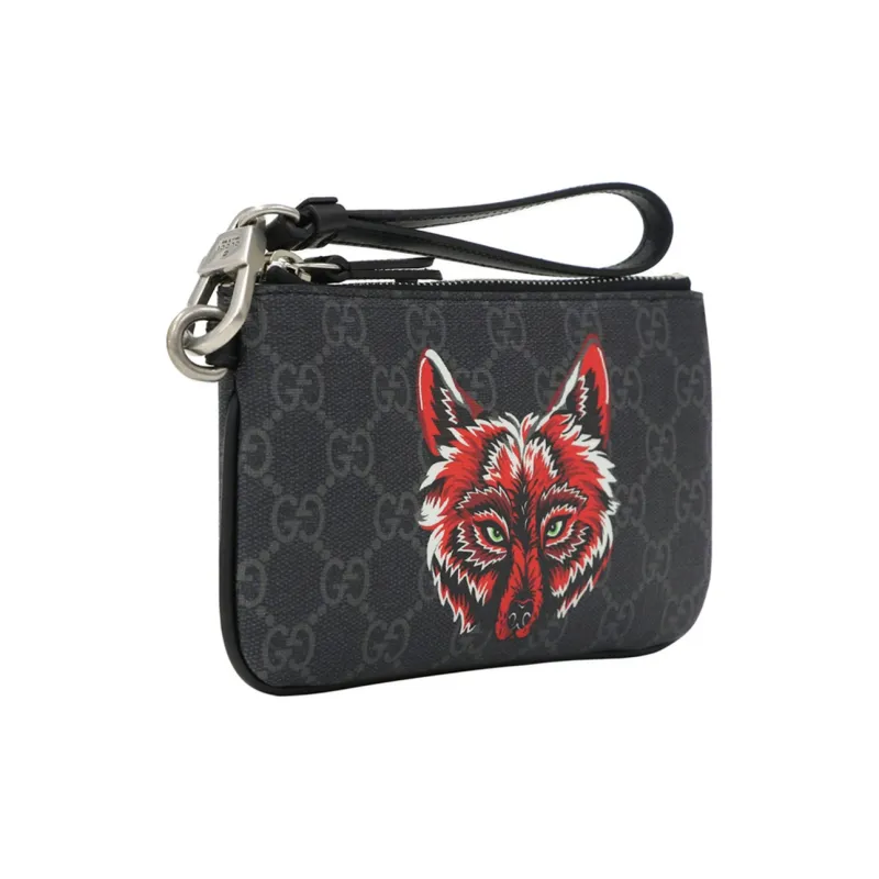 GUCCI Canvas With Leather Coin Purse Clutch Men's Black/Gray Color/Red-1